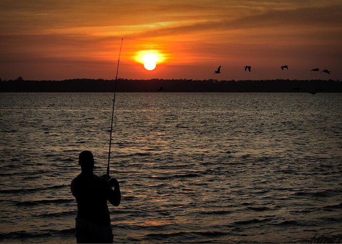 Cape Fear River Sunset Greeting Cards Greeting Card featuring the photograph Sunset Fisherman by Phil Mancuso