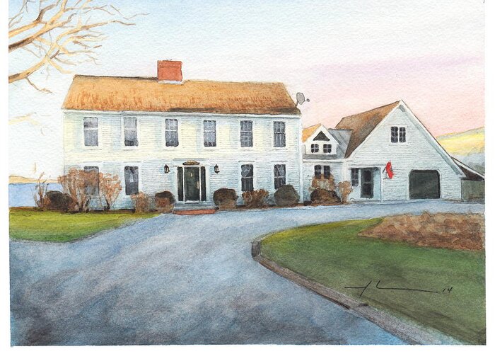 Www.miketheuer.com Sunset House Watercolor Portrait Greeting Card featuring the drawing Sunset House Watercolor Portrait by Mike Theuer