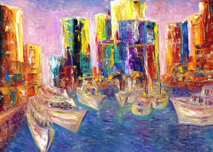  Greeting Card featuring the painting Sunset In A Harbor by Helen Kagan