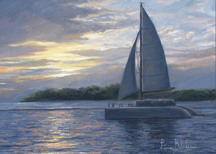 Sailboat Greeting Card featuring the painting Sunset In Key West by Lucie Bilodeau