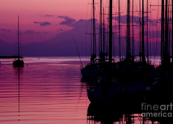 Sunset Greeting Card featuring the photograph Sunset in Pink and Purple with Yachts at Bay by Beverly Claire Kaiya