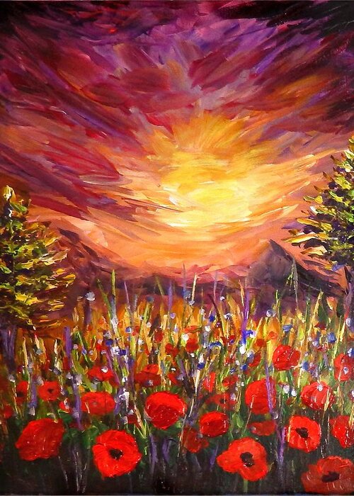 Original Art Greeting Card featuring the painting Sunset in Poppy Valley by Lilia D