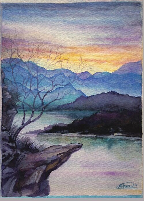Sunset Greeting Card featuring the painting Sunset Montains by Alban Dizdari