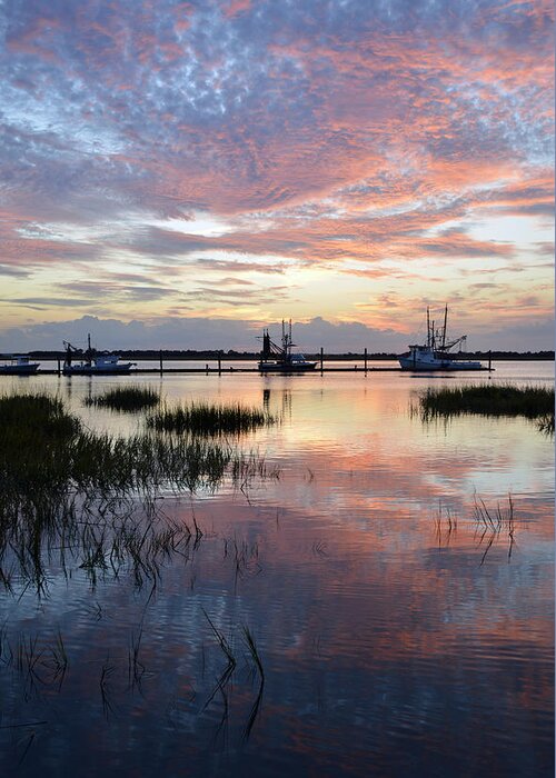 Jekyll Greeting Card featuring the photograph Sunset on Jekyll Island with Docked Boats by Bruce Gourley