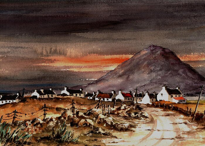 Val Byrne Greeting Card featuring the painting Sunset on Slievemore Achill Mayo by Val Byrne