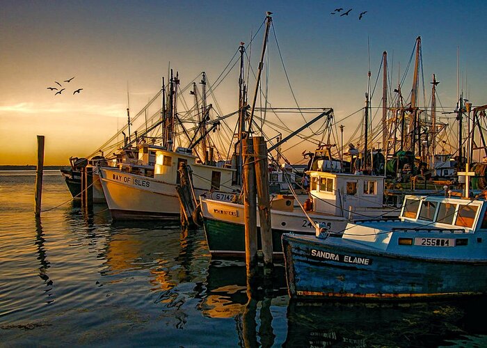 Fishing Boats Greeting Card featuring the photograph Sunset On The Fleet by Cathy Kovarik