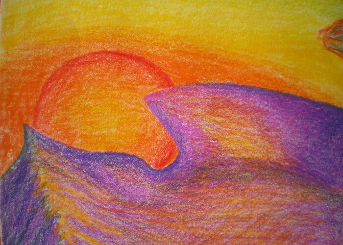 Sunset Greeting Card featuring the painting Sunset On Wavy Mountains detail of sun by Nieve Andrea 