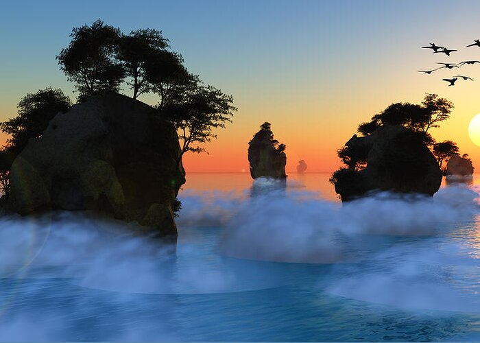 Sun Greeting Card featuring the digital art Sunset or sunrise with rocky islands by Bruce Rolff