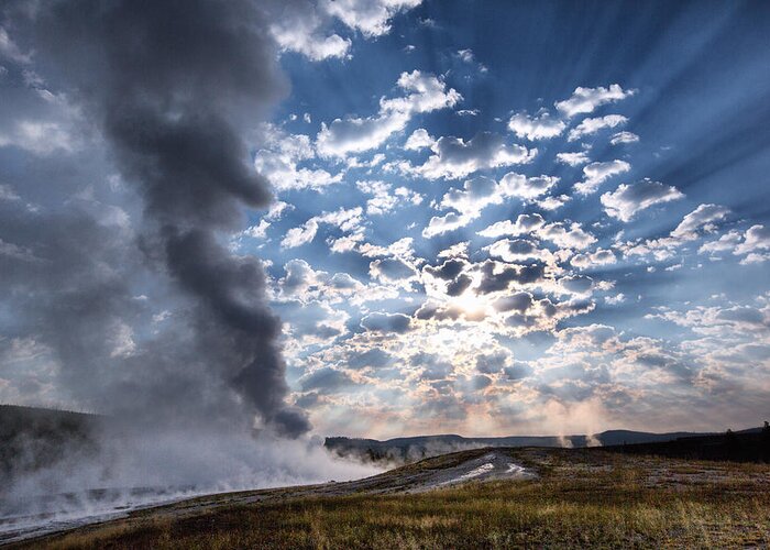 America Greeting Card featuring the photograph Sunset over Old Faithful - Horizontal by Andres Leon