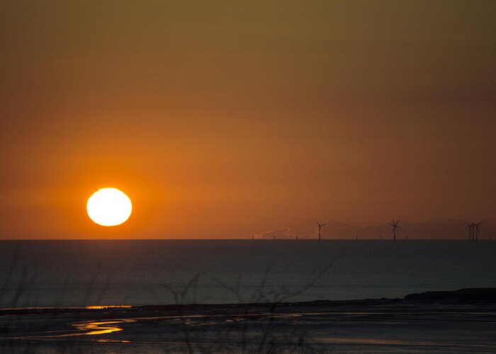 Sun Greeting Card featuring the photograph Sunset Over The Windfarm by Spikey Mouse Photography