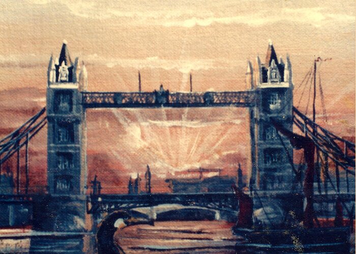 Cormorant Greeting Card featuring the painting Sunset over Tower Bridge and the Cormorant by Mackenzie Moulton