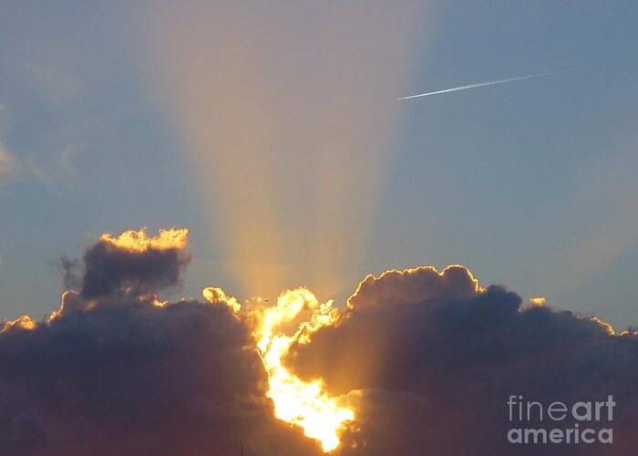 Sunset Rays Bursting Through The Clouds With Jet Stream From Aircraft. Greeting Card featuring the photograph Sunset rays bursting through the clouds with jet stream from aircraft. by Robert Birkenes