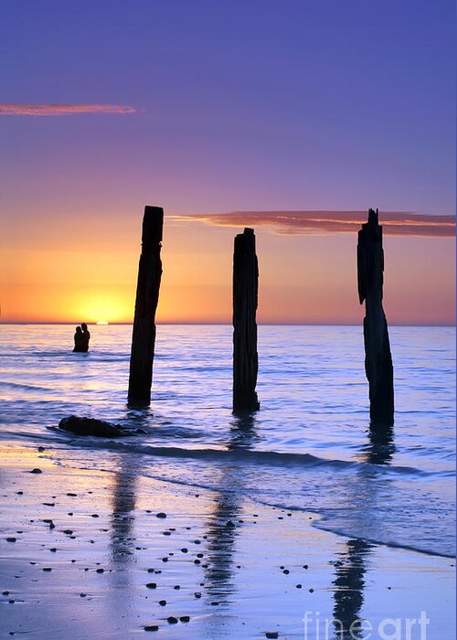 Sunset Jetty Ruin Pylons Beach Posts Port Willunga South Australia Seascape Australian Greeting Card featuring the photograph Sunset Romance by Bill Robinson