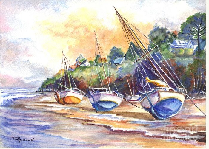 Hand Painted Greeting Card featuring the painting Sunset Sail on Brittany Beach by Carol Wisniewski