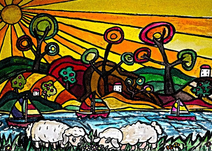 Landscape Greeting Card featuring the painting Sunset Sheep by Monica Engeler