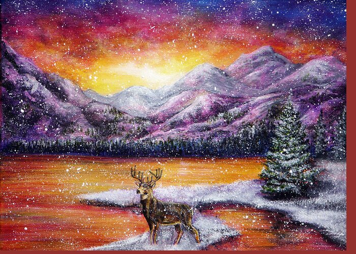 Holiday Greeting Card featuring the painting Sunset Snow by Ann Marie Bone