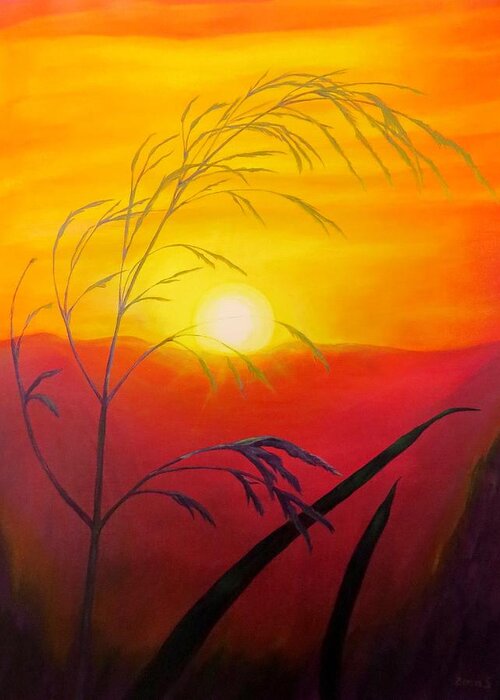 Sunset Greeting Card featuring the painting Sunset through the grass by Zina Stromberg