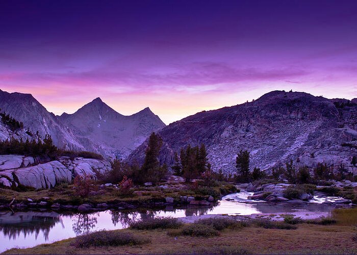 Tranquility Greeting Card featuring the photograph Sunset With Purple Sky, Lake And by Photography By Gene Wahrlich