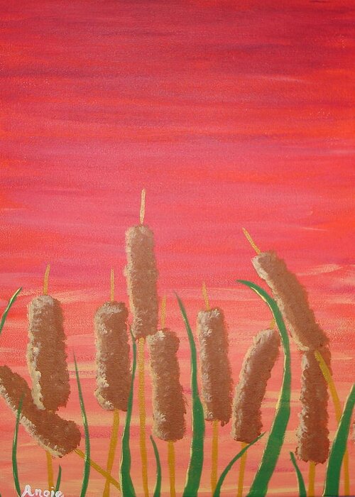 Landscape Greeting Card featuring the painting Sunst Cattails by Angie Butler