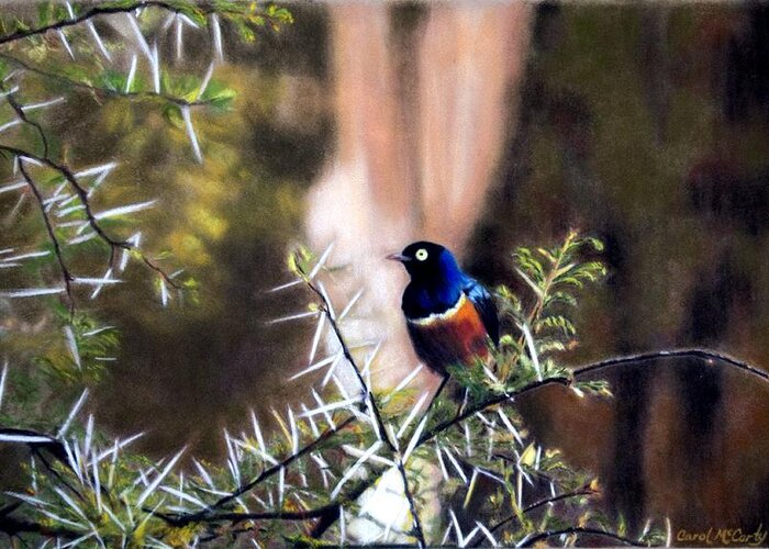 Family Room Greeting Card featuring the painting Superb Starling by Carol McCarty