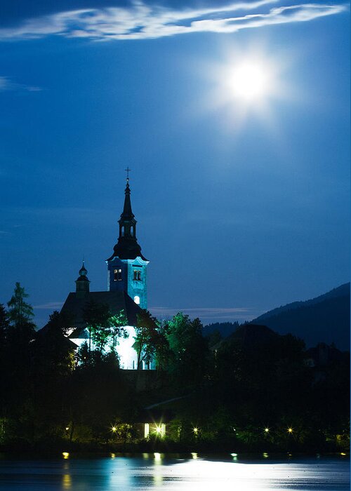 Supermoon Greeting Card featuring the photograph Supermoon over bled Island Church by Ian Middleton