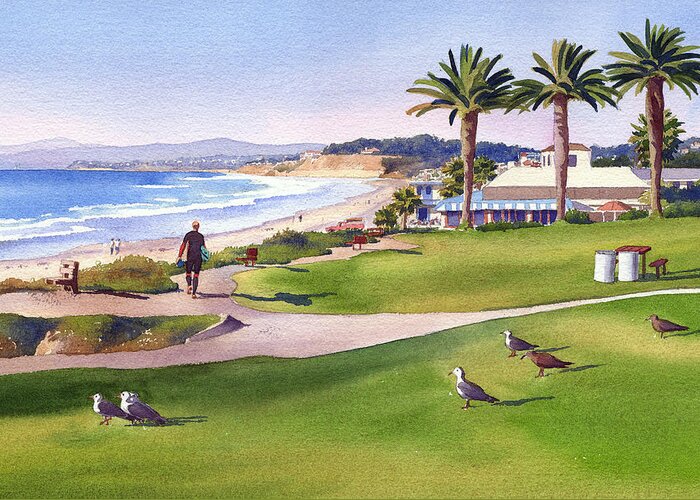 Surfer Greeting Card featuring the painting Surfer at Tres Palms Del Mar by Mary Helmreich