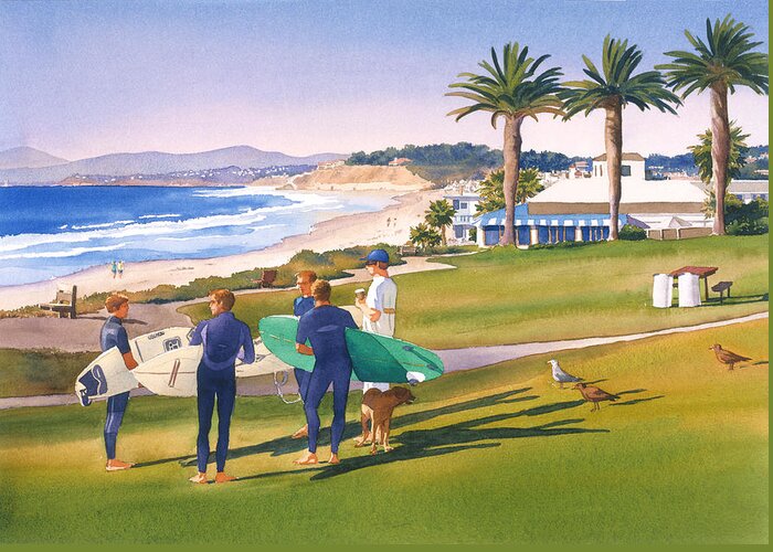 Surfing Greeting Card featuring the painting Surfers Gathering at Del Mar Beach by Mary Helmreich