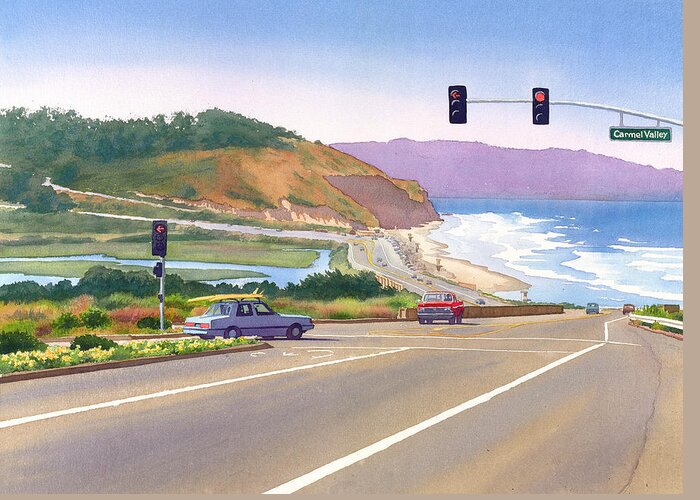 Surfer Greeting Card featuring the painting Surfers on PCH at Torrey Pines by Mary Helmreich