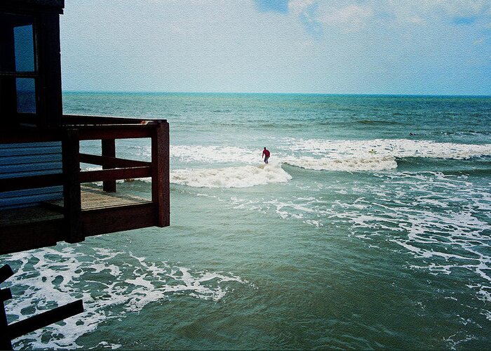 Cocoa Beach Greeting Card featuring the photograph Surfing By The Pier by Laurie Perry