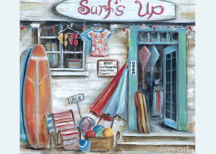 Surfing Greeting Card featuring the painting Surfs Up Beach Shop by Marilyn Dunlap