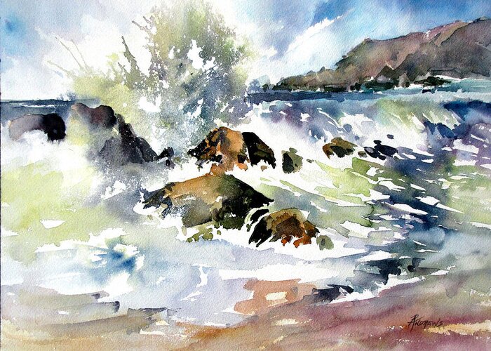 Rocks Greeting Card featuring the painting Surfside Crescendo by Rae Andrews