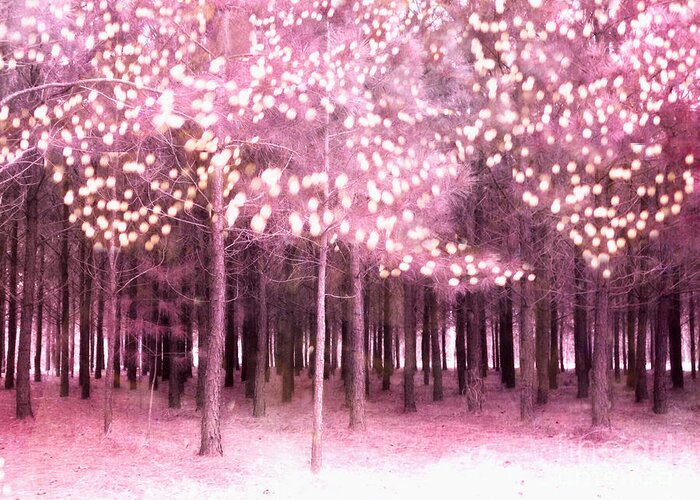 Surreal Nature Photos Greeting Card featuring the photograph Surreal Fantasy Trees With Sparkling Lights - Pink Nature Trees Woodlands by Kathy Fornal
