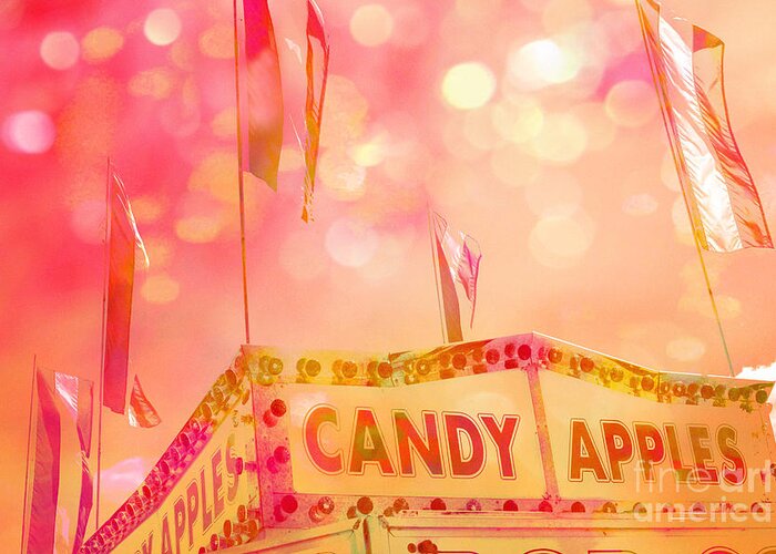 Carnival Art Photography Greeting Card featuring the photograph Surreal Hot Pink Yellow Candy Apples Carnival Festival Fair Stand by Kathy Fornal