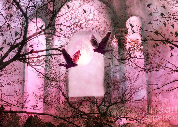 Nature Greeting Card featuring the photograph Surreal Pink Fantasy Forest Trees Nature With Flying Ravens by Kathy Fornal
