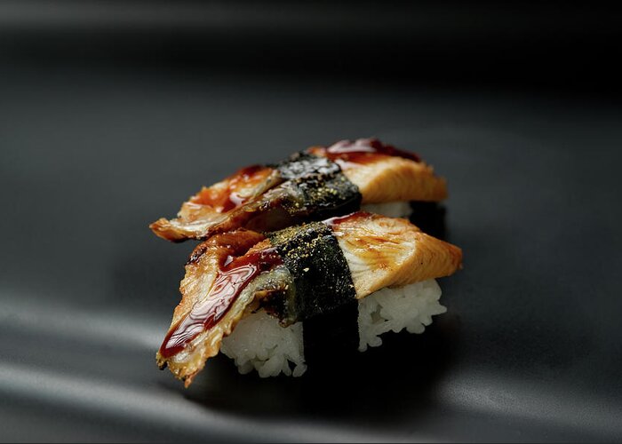 Black Background Greeting Card featuring the photograph Sushi Unagi by Ryouchin