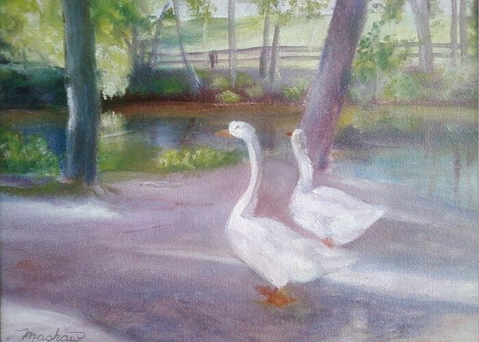 Swans Greeting Card featuring the painting Swans at Smithville Park by Sheila Mashaw
