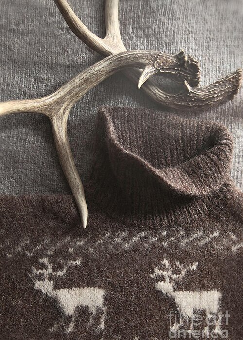 Turtleneck Greeting Card featuring the photograph Sweater with deer antlers with rustic look by Sandra Cunningham