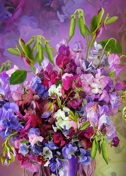 Sweet Pea Greeting Card featuring the mixed media Sweet Pea Bouquet by Carol Cavalaris