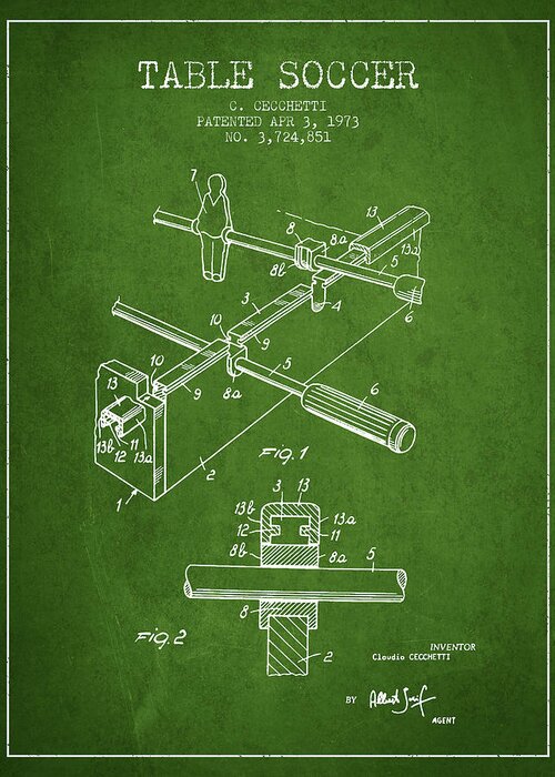Soccer Greeting Card featuring the digital art Table Soccer Game Patent from 1973- Green by Aged Pixel
