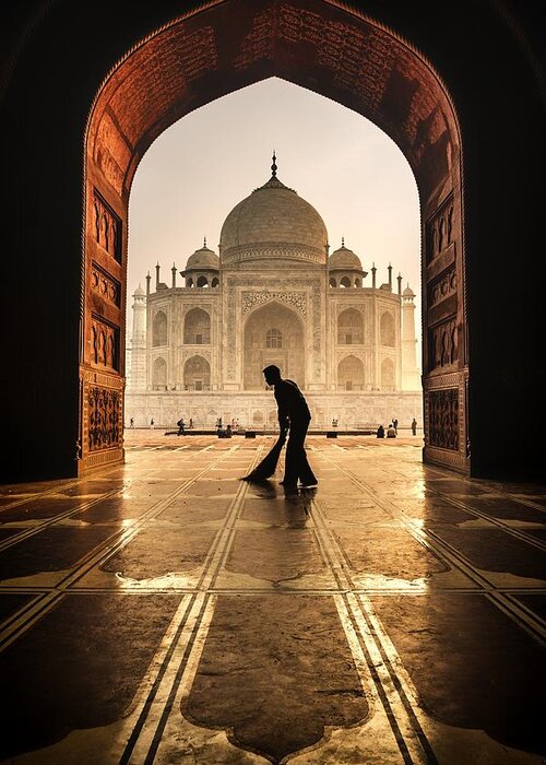 India Greeting Card featuring the photograph Taj Mahal Cleaner by Pavol Stranak