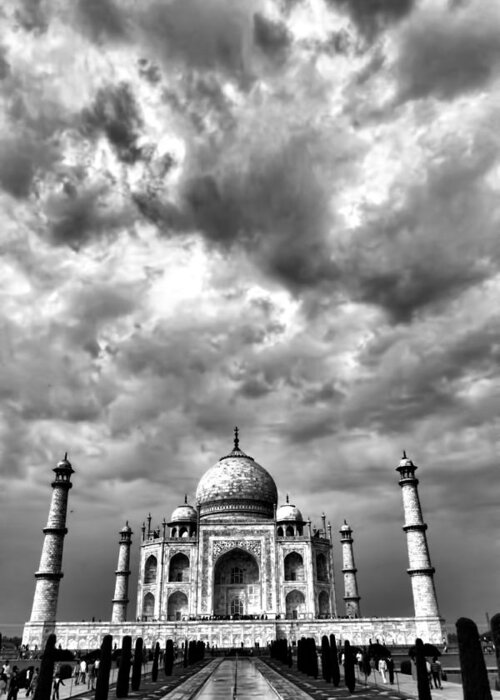 Taj Mahal Greeting Card featuring the photograph Taj Mahal India In Black And White by Amanda Stadther
