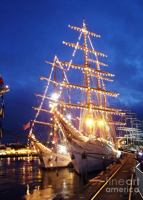 Tall Ships Greeting Card featuring the glass art Tall ships at night time by Joe Cashin