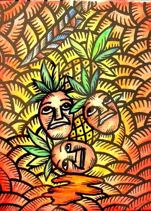 Marconi Calindas Greeting Card featuring the painting Talupan ang Pinya Peel the Pineapples by Marconi Calindas