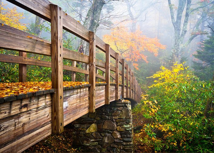 Rough Ridge Greeting Card featuring the photograph Tanawha Trail Foot Bridge - Rough Ridge Autumn Foliage NC by Dave Allen