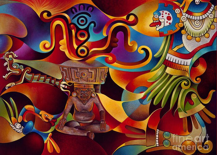 Aztec Greeting Card featuring the painting Tapestry of Gods - Huehueteotl by Ricardo Chavez-Mendez