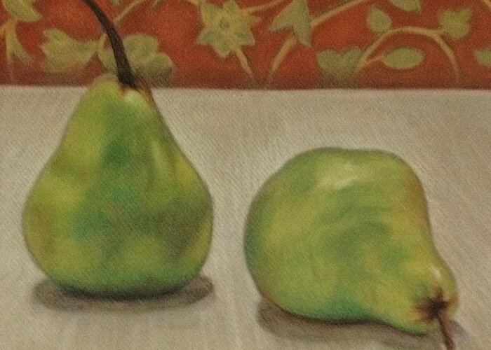 Pears Greeting Card featuring the painting Tapestry Pears by Deanne Salter