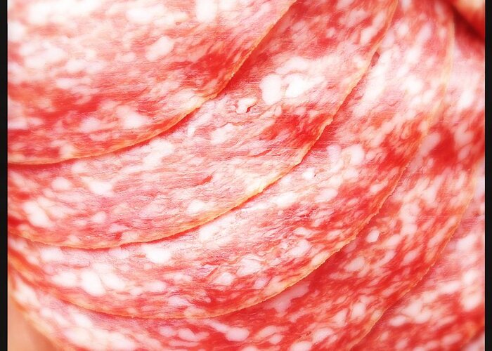 Salami Greeting Card featuring the photograph Tasty salami closeup by Matthias Hauser