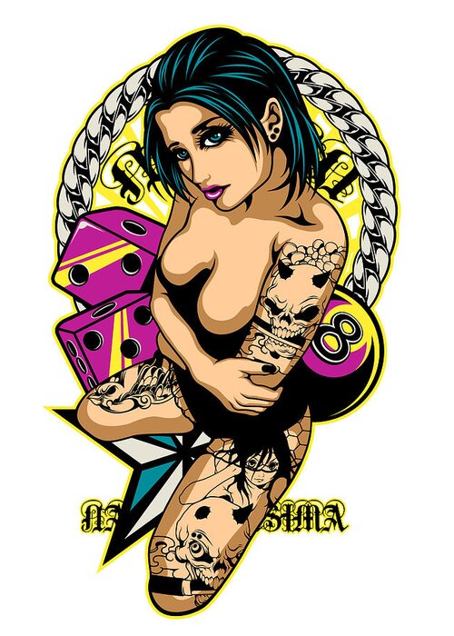 Girl Greeting Card featuring the digital art Tattooed Game Pin-Up Girl by Fatline
