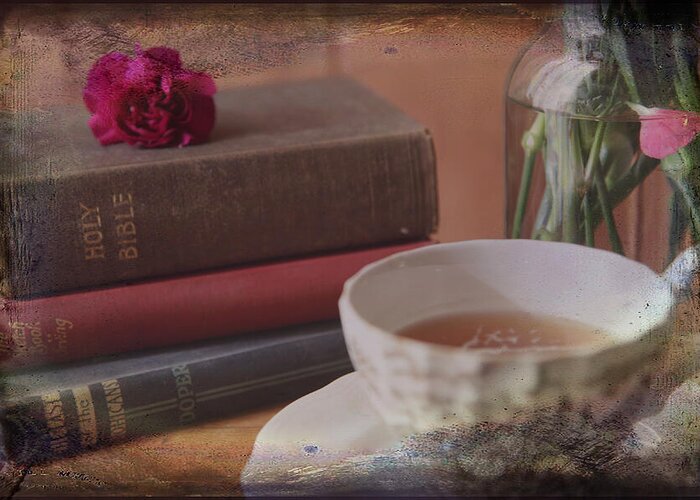 Still Life Greeting Card featuring the photograph Tea and Verses by Toni Hopper