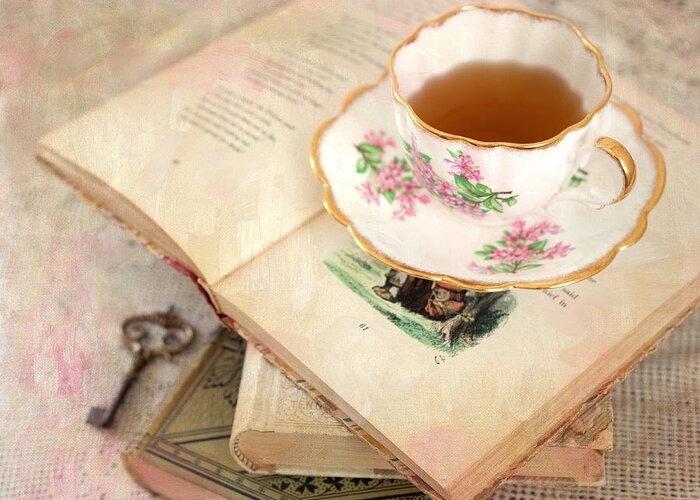 Teacup Greeting Card featuring the photograph Tea Cup and Vintage Books by June Marie Sobrito